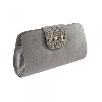 Bolsa Carteira em Tecido Prata Bordada com Miçanga Prata e Pedraria Cristal A12xC24 cm