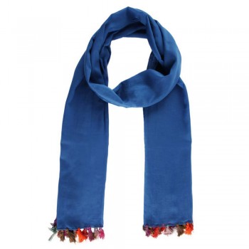 Echarpe em Algodão Azul com Franja Multicolor A180xL50cm