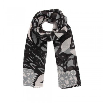Echarpe em Algodão Preto Floral Branco/Cinza A160xL50 cm