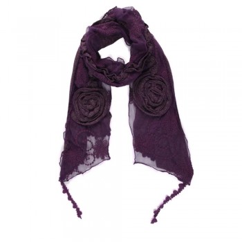 Echarpe Acrílico e Poliéster Floral Roxo com  Flores de Tecido  em Alto Relevo e Pompons A160xL45 cm
