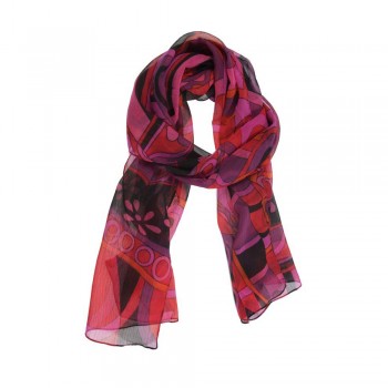 Echarpe em Poliéster Estampado Rosa, Vermelho e Preto A160xL50 cm
