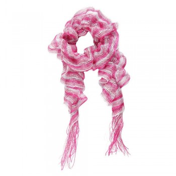 Echarpe Vazado em Poliéster Rosa e Lurex Prata C/ Franja e Lastex A100xL30 cm