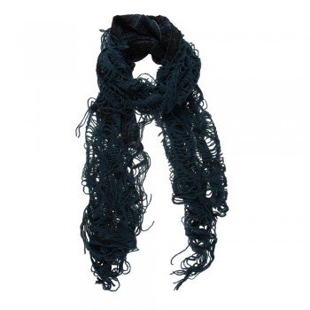 Echarpe em Acrílico Vazado e Viscose Azul Petróleo/Preto com Franja A180xL45 cm