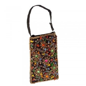 Bolsa Porta Celular em Tecido com Flores em  Miçangas Coloridas A14xC9 cm