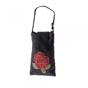 Bolsa Porta Celular em Tecido Preto com Estampa Rosa em Miçangas A14,5xC8,5 cm