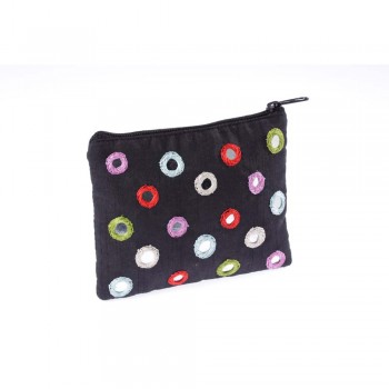 Porta Moedas em Tecido Preto com Estampa Círculos Coloridos c/ Paetês A10xC13 cm