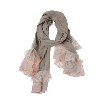 Echarpe Cinza Algodão c/ Renda Rosa Claro 175x35 cm