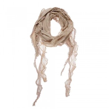 Echarpe Bege Fendhi Estilo Rosário c/ Mini Pompom Algodão 160x15 cm