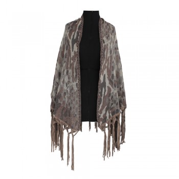 Echarpe Triangular Marrom e Cinza Estampa Animal Print Acrílico c/ Franja em Courino 180x70x70 cm