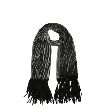 Cachecol Animal Print Zebra em Lã Preto e Cinza c/ Franja Preta Courino 180x70 cm