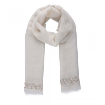 Echarpe em Cashmere Bordado a Mão Branco/Off white 180x55 cm