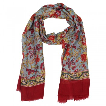 Echarpe Floral e Folhagens c/ Listra Vermelho Azul e Verde Poliéster 185x90 cm