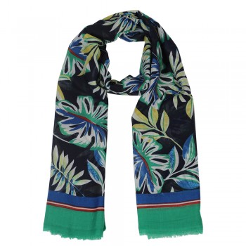 Echarpe Preta c/ Folhagens e Listra Verde e Azul Poliéster 185x85 cm