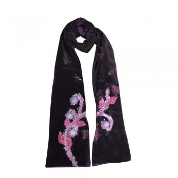 Echarpe Preta em Veludo c/ Bordados Roxo Viscose 150x25 cm