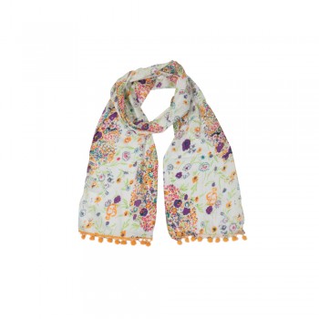 Echarpe Branca Floral Laranja Roxo c/ Barra Mini Pompom Viscose 180x20 cm