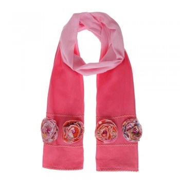 Echarpe Degradê Rosa Claro e Rosa Médio c/ Aplicação Floral Viscose 180x50 cm