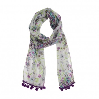 Echarpe Branca Floral Roxo Verde c/ Barra Mini Pompom Viscose 180x20 cm