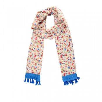 Echarpe em Viscose Floral com Borda Azul e Macromê A180xL40 cm