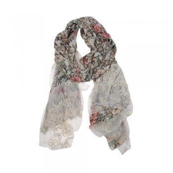 Echarpe Floral Bege c/ Renda de Flores Viscose 240x45 cm