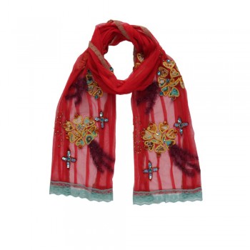 Echarpe em Tule Vermelho c/ Aplicação Floral Amarela, Miçangas e Renda Azul 150x30 cm