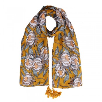 Echarpe Amarelo Floral Branco e Bege c/ Penduricalho Poliéster 180x90 cm