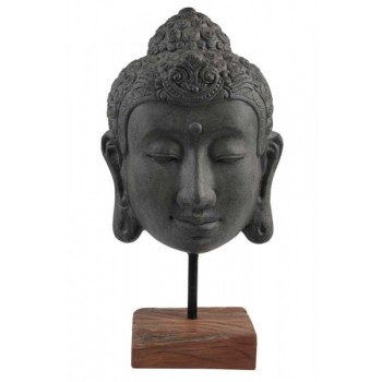 Cabeça Buda Decorativa em Poliresina com Base  de Madeira A68xC38xL23 cm
