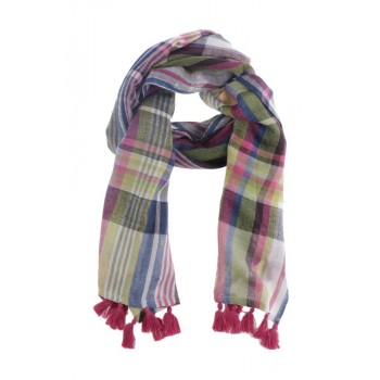 Echarpe em Viscose Xadrez Verde/Rosa com Macromê A190xL30 cm