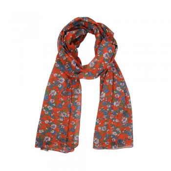 Echarpe em Algodão Vermelho com Estampa Floral Azul/Branco A180xL50 cm