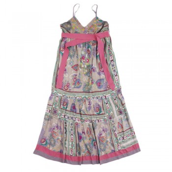 Vestido Rodado de Alcinha Cinza c/ Bordado Floral, Miçangas e Laço Viscose A130xL60 cm