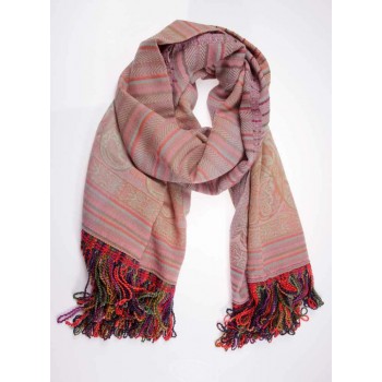 Echarpe em Viscose Rose Javamar e Listras com Franja Multicolor 180x70 cm