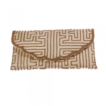 Bolsa Carteira em Tecido Bege Bordada com Miçanga Dourada  A15xC27 cm