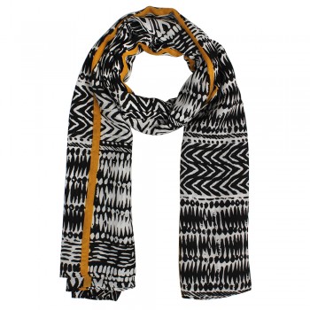 Echarpe Étnico Zebrado Preto e Branco c/ Listra Caramelo Poliéster 180x90 cm