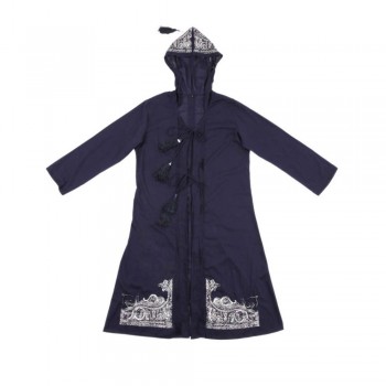 Vestido aberto de Manga Comprida e Toca Azul Escuro c/ Bordado Branco Viscose A110x L55 cm