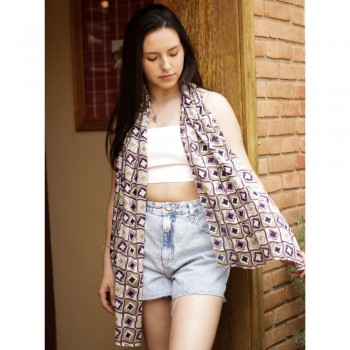 Echarpe em Viscose C/ Estampa Quadrados Roxo/Verde A160xL50 cm