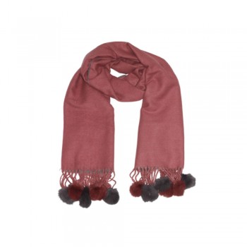 Xale 100% Acrilico Dupla Face com Pompom Vinho/Cinza 200X70CM