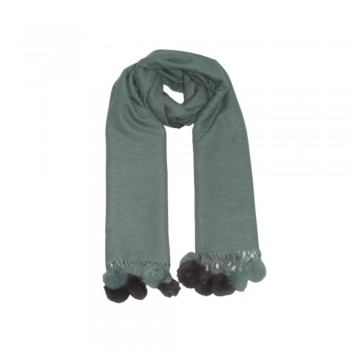 Xale 100% Acrilico Lisa Double com Pompom Verde/ Chumbo 200X70CM