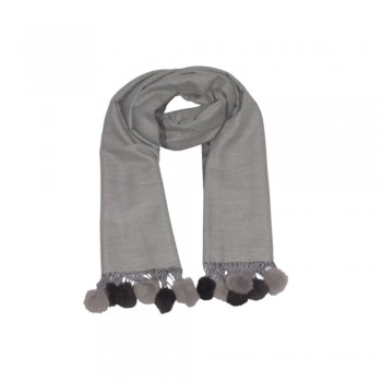 Xale 100% Acrilico Double com Pompom Cinza/Chumbo 200X70CM