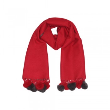 Xale 100% Acrilico Lisa com Pompom Chumbo/Vermelho 200X70CM