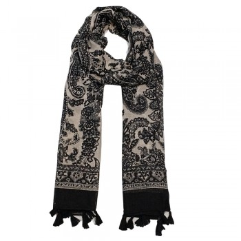 Xale 100%  Poliester Jamavar Floral Preto 180X90 CM
