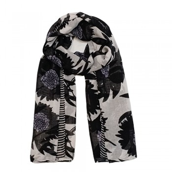 Xale 100%  Poliester Dark Flower Preto e Branco180X90 CM