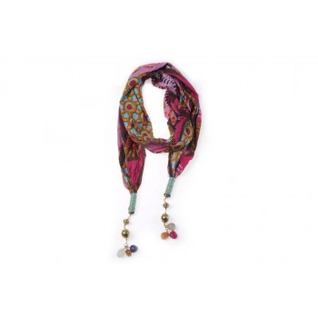 Echarpe Floral Rosa c/ Penduricalhos e Pedrarias Viscose 160x35 cm