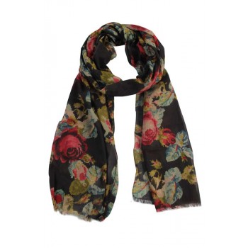 Echarpe em Algodão Preto Estampa Rosas A180xL50 cm