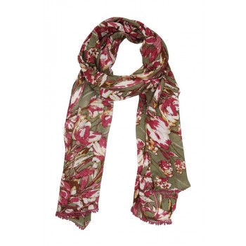Echarpe em Algodão Verde Oliva Floral Pink com Bordado A180xL50 cm