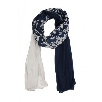 Echarpe em Algodão Duo Color Branco/Azul Floral A180xL50 cm