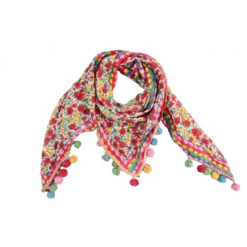 Lenço em Viscose Floral Multicolorida com Pompons 100x100 cm