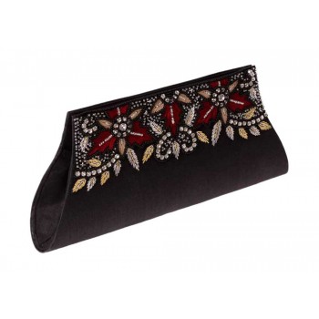 Bolsa em Tecido Preto Bordada Com Pedraria e Miçangas A13xC25 cm
