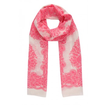 Echarpe em Algodão Branco com Estampa Arabesco Rosa A180xL50 cm
