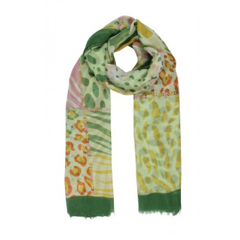 Echarpe Animal Print Verde Claro e Amarelo Algodão 180x115 cm