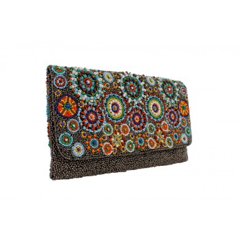 Bolsa Carteira em Tecido Bordado com Estampa de Círculos com Miçanga Multicolorida A16xC27 cm