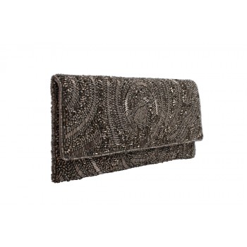 Bolsa Carteira c/ Miçangas Bordada a Mão Cinza 10,5x24 cm